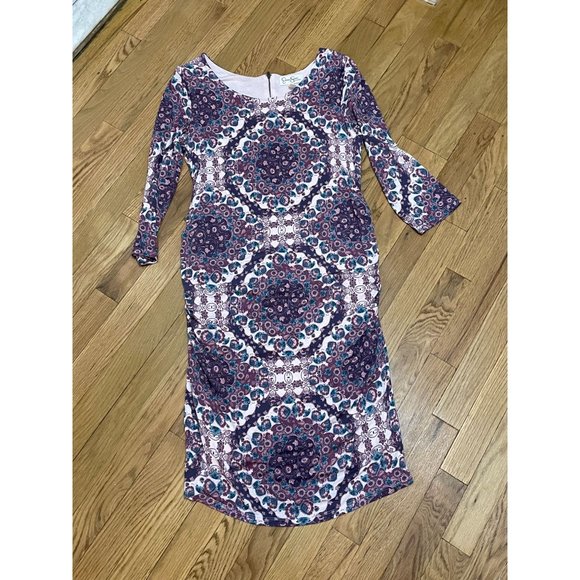 Jessica‎ Simpson Maternity Midi 3/4 sleeve Dress, Pink, Purple, Patterned Size L - Picture 1 of 5